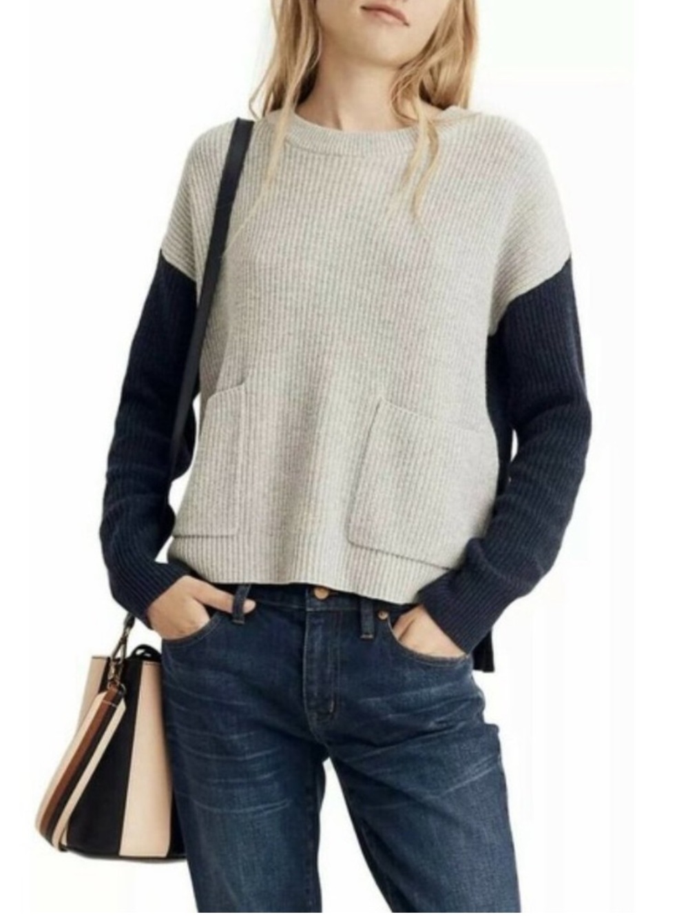 Madewell Boxy Harper Knit Pullover Sweater J8783 Size XXS Cotton Blend Grey Blue